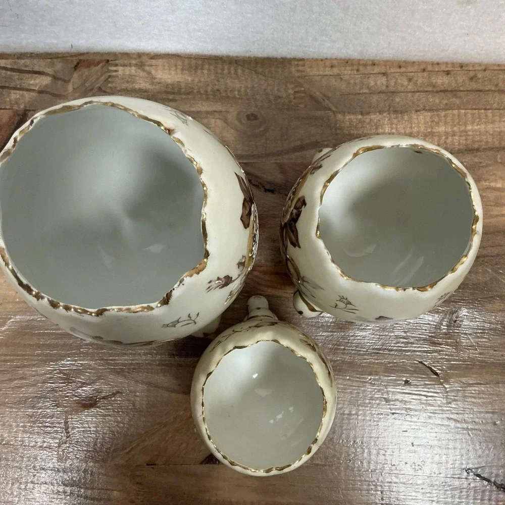 Vintage Napcoware Set of 3 Floral Egg Footed Vases C3199 Gold Trim Cracked Shell